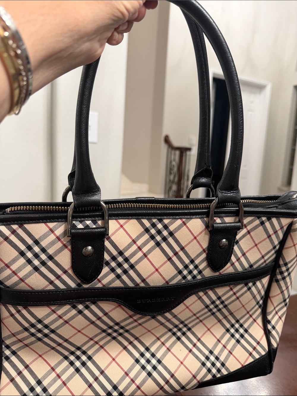 Burberry Beige Plaid Tote with Black Trim - Picture 4 of 13